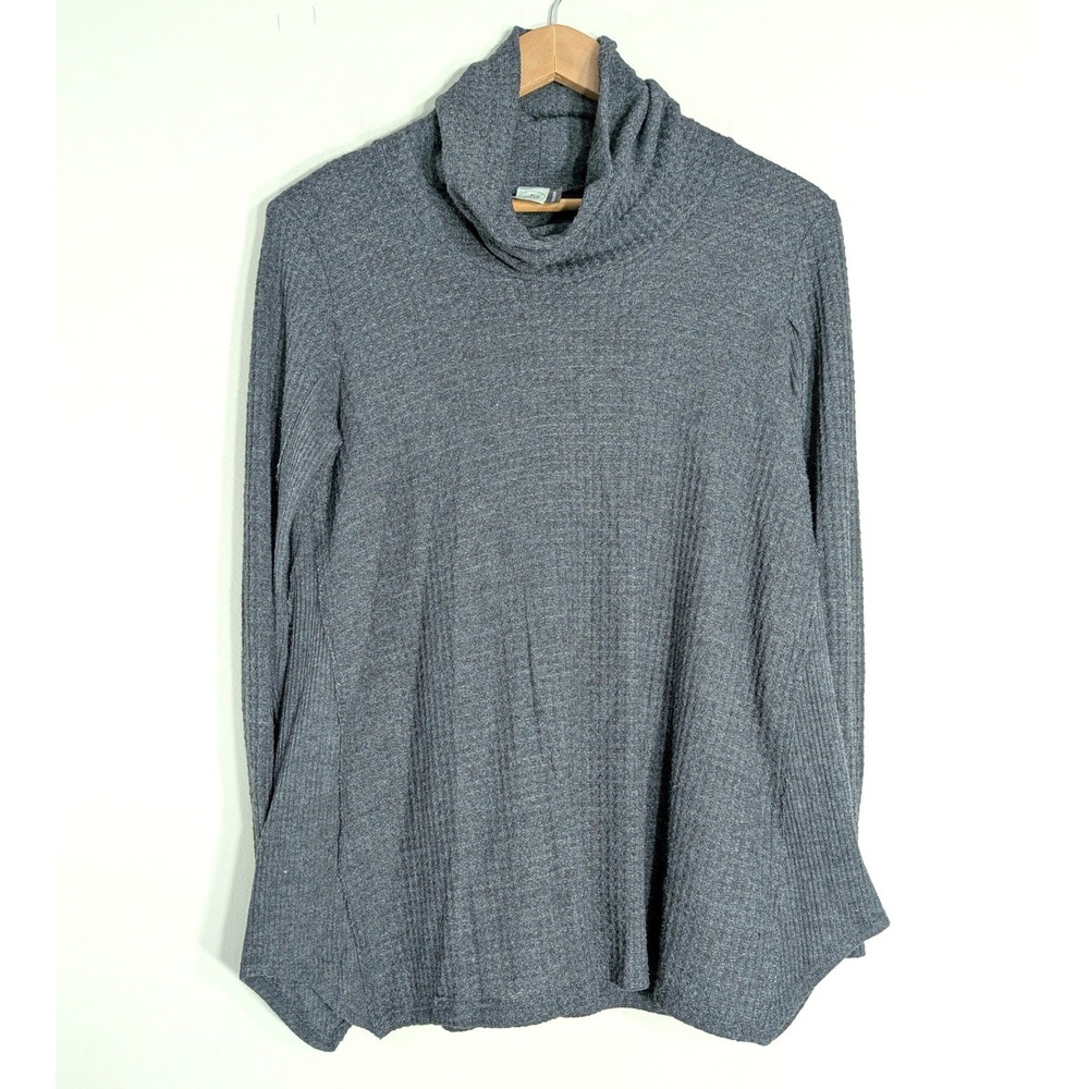Paper Crane Gray Waffle Knit Top; Cowl Neck Long Sleeve Sharkbite Hem S